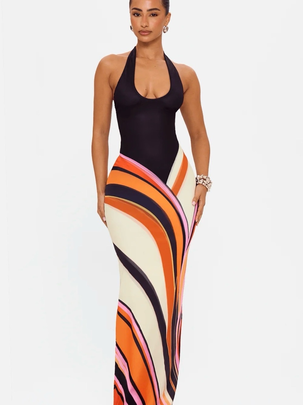 Halter Isabella Maxi Dress with Abstract Wave Print - Black & Multi